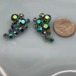 Vintage Aurora Borealis Crystal Cluster Earrings - Green Blue Sparkle